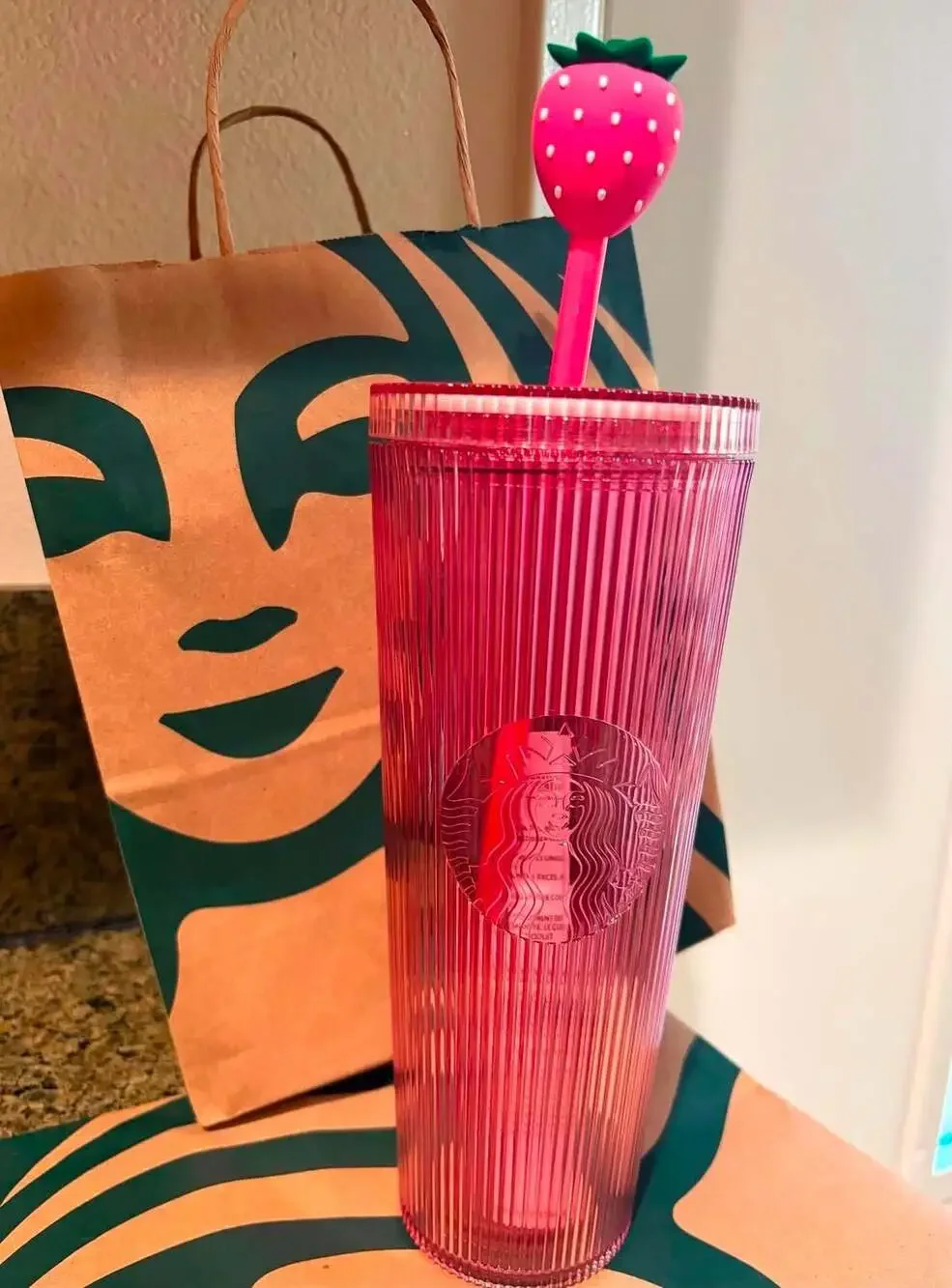 Starbucks 24oz Pink Stripe Cold Cup Tumbler with Strawberry Topper